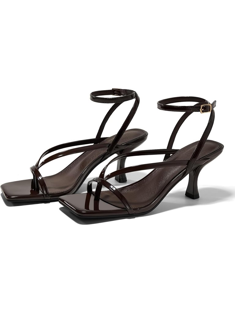 Women's Coffee Square Toe Lace Up Flip Flop Kitten Heel Ankle Strap Sandals